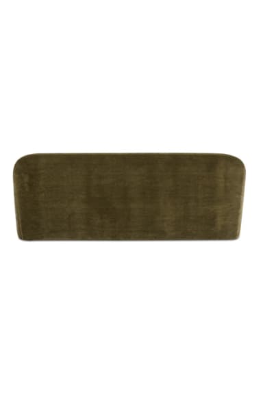 A contemporary velvet sofa featuring a low profile, integrated armrests that curve slightly upwards, and a single seat cushion. The backrest is adorned with five evenly spaced, circular bolster cushions. The overall design is sleek and modern, with clean lines and a plush upholstery. — 3D model