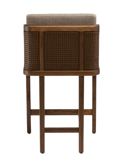A wooden bar stool with upholstered seating and backrest. The upholstery is a light beige corduroy fabric. The frame is constructed of dark wood with a visible grain. The stool has four legs connected by stretchers for stability and armrests integrated into the backrest structure. — 3D model