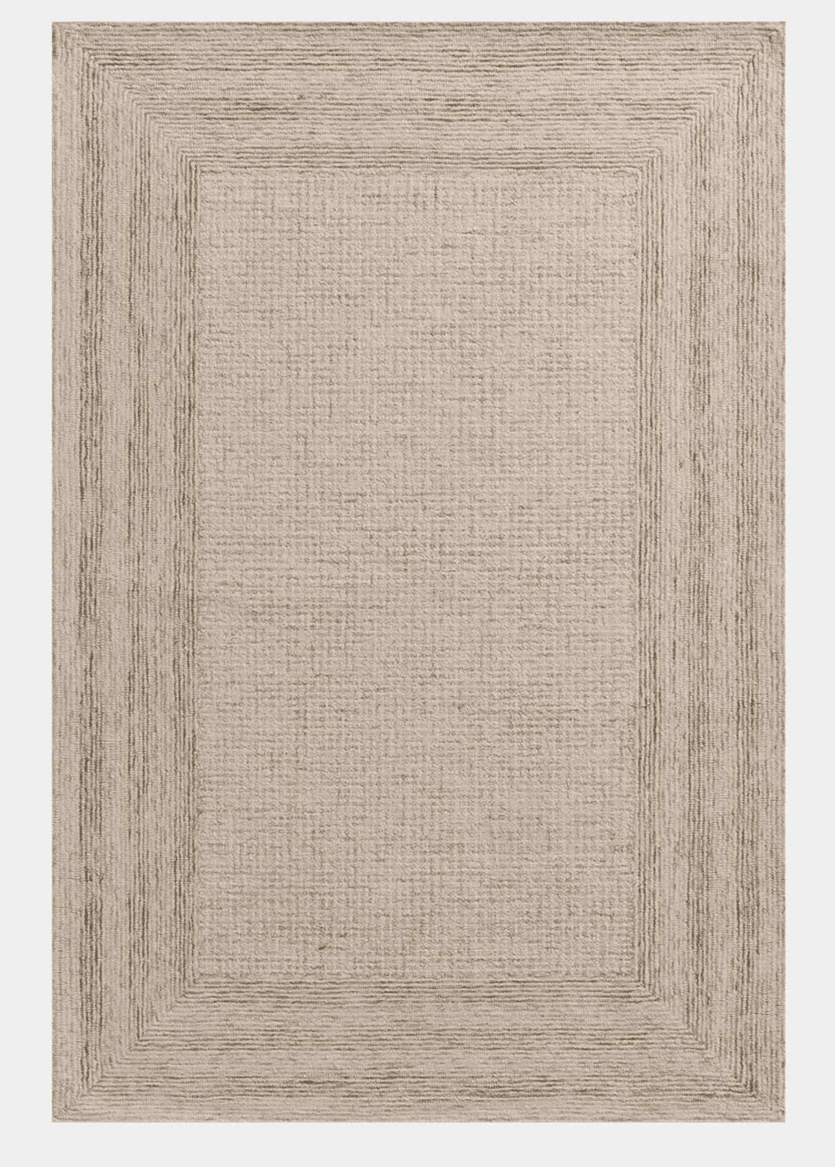 A rectangular rug with a textured surface and a distinct border. The rug appears to have a woven pattern throughout its central area, framed by a slightly raised, ribbed border. The color is a muted, neutral tone, possibly a light grey or beige, with some subtle variations in shading that suggest a distressed or aged finish. The texture of the border seems different from the main body of the rug. — 3D model