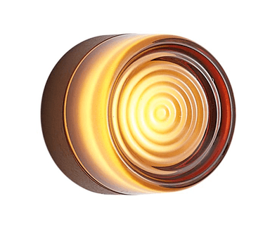 A circular wall-mounted light fixture featuring a metallic housing and a translucent diffuser. The diffuser has a concentric ring pattern and glows with a warm, amber-like light, transitioning from bright yellow at the center to a darker orange/brown towards the edge. — 3D model