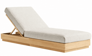 An adjustable chaise lounge featuring a solid wooden frame with a natural finish and thick, segmented cushions upholstered in a light beige, textured fabric. The backrest is adjustable via a visible mechanism. The design is contemporary and minimalist, suggesting outdoor use. — 3D model