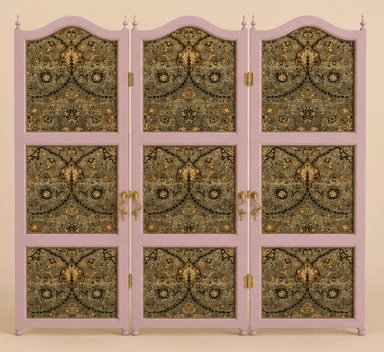 A three-panel folding room divider featuring a light pink wooden frame with ornate, intricately patterned textile panels. Each panel is hinged to allow for folding and positioning. The top edges of the panels have a scalloped design, and decorative finials are present at the top and bottom of the vertical supports, enhancing its traditional aesthetic. The textile features a dense, multi-colored pattern primarily in shades of green, gold, and dark accents. — 3D model