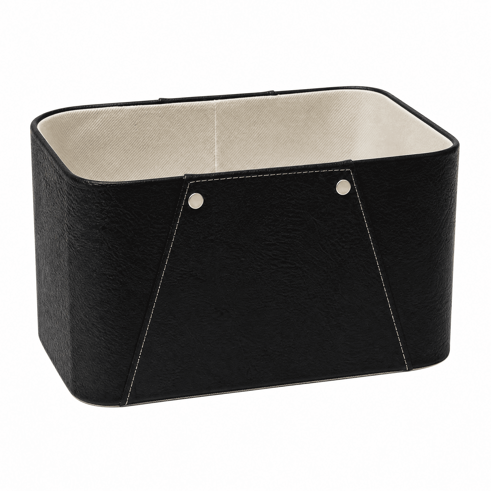 A rectangular storage basket featuring a textured black faux leather exterior and a contrasting light-colored fabric interior lining. The basket is detailed with light-colored saddle stitching along its edges and seams, and accented with four brass-toned studs, two on each wider side. Its structure is rigid, suggesting a reinforced frame underneath the covering materials. The top edge is neatly finished with a rounded trim. — 3D model