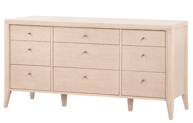 A contemporary dresser featuring nine drawers, a light wood finish, and minimal brass knob hardware, standing on tapered legs. — 3D model