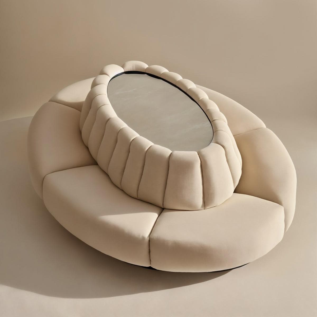 A low-profile, circular upholstered coffee table featuring a segmented padded base in a cream-colored textile. It has a raised oval-shaped central section with vertical channel tufting that houses an integrated mirrored surface. — 3D model