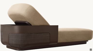 A modern chaise lounge with a reclining backrest. The base is constructed with a dark brown material, possibly wood or a composite, featuring a textured woven panel on the side. The seat and backrest are upholstered in a light beige fabric. — 3D model