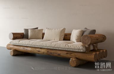 A rustic-style daybed sofa featuring a robust frame constructed from natural, unfinished wooden logs. It includes a thick, tufted, light-colored seat cushion and several matching back cushions and throw pillows in varying shades of beige and grey. The design emphasizes a natural, organic aesthetic with visible wood grain and texture. — 3D model