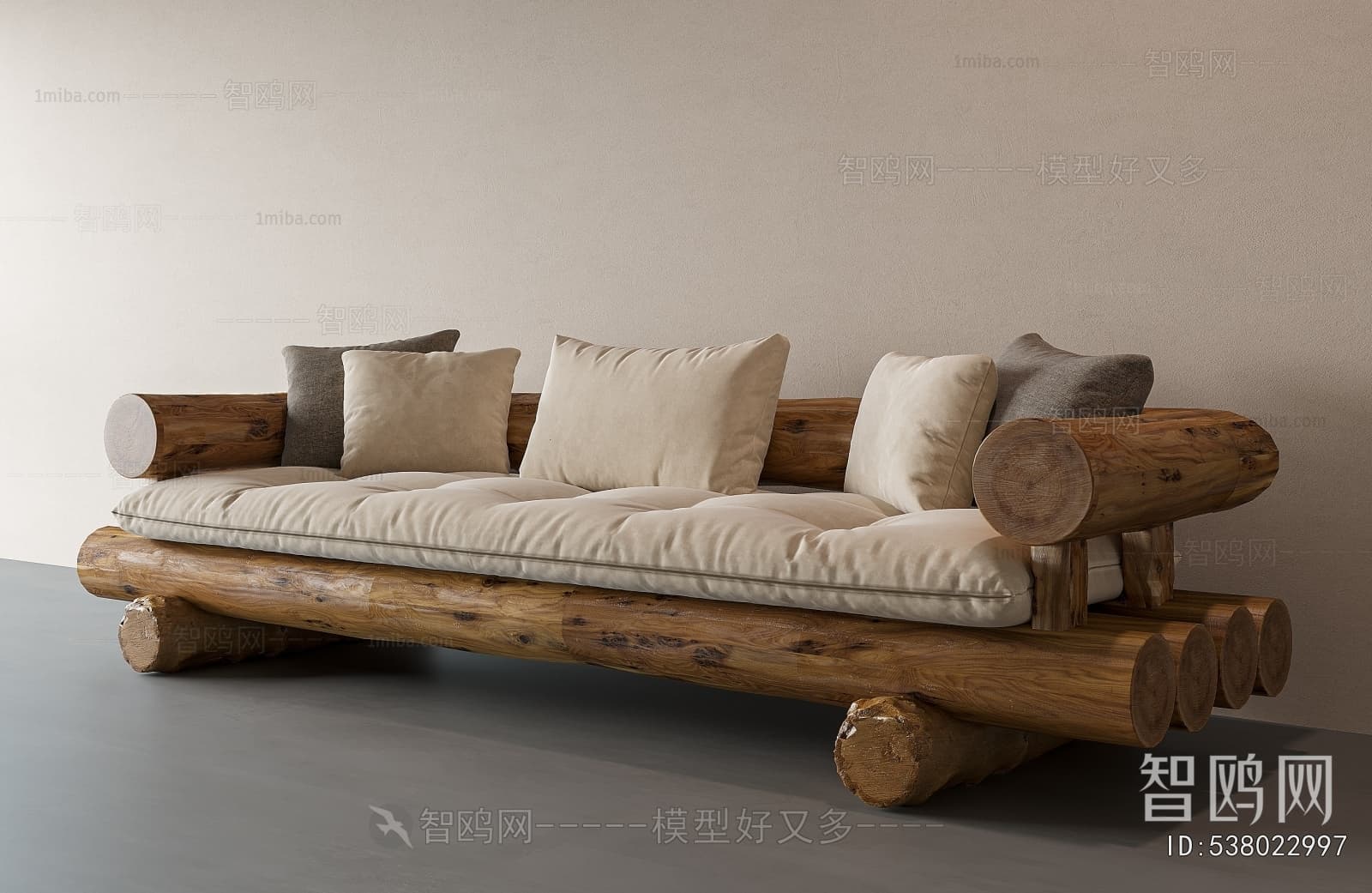 A rustic-style daybed sofa featuring a robust frame constructed from natural, unfinished wooden logs. It includes a thick, tufted, light-colored seat cushion and several matching back cushions and throw pillows in varying shades of beige and grey. The design emphasizes a natural, organic aesthetic with visible wood grain and texture. — 3D model