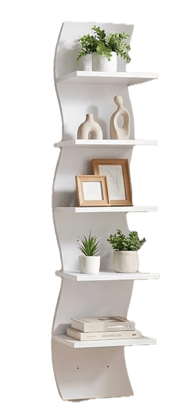 A tall, slender, white wall-mounted shelving unit featuring a distinctive wavy back panel. It incorporates five fixed, rectangular shelves that protrude from the undulating backboard, creating a visually dynamic and functional display piece. The unit appears to be made from a smooth, matte white material, likely painted wood composite, designed for contemporary interior spaces. — 3D model