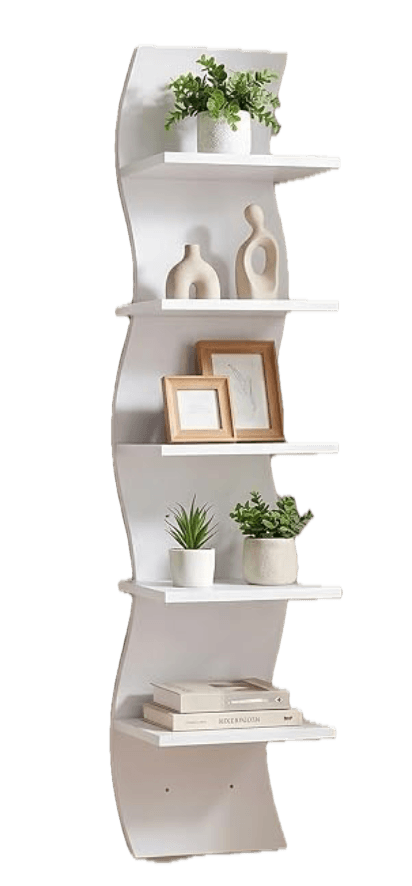 A tall, slender, white wall-mounted shelving unit featuring a distinctive wavy back panel. It incorporates five fixed, rectangular shelves that protrude from the undulating backboard, creating a visually dynamic and functional display piece. The unit appears to be made from a smooth, matte white material, likely painted wood composite, designed for contemporary interior spaces. — 3D model