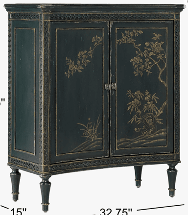 A dark green cabinet with two doors, featuring ornate gold-colored chinoiserie-style painted motifs of branches, flowers, and foliage. The cabinet has decorative trim around the top and bottom edges, and intricate patterned borders on the sides. It stands on four turned legs. The doors are fitted with two silver-toned drawer pulls. The finish appears distressed, suggesting an antique or vintage aesthetic. — 3D model
