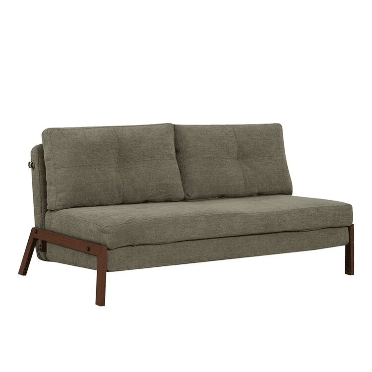 A modern futon sofa upholstered in a textured grey fabric, featuring a visible dark wood frame and tufted back cushions. — 3D model