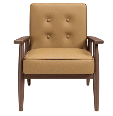 A mid-century modern style armchair featuring an exposed wooden frame, a tufted upholstered back, and flat wooden armrests, with tapered legs. — 3D model