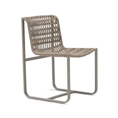 An armless chair featuring a gray tubular metal frame with a sled base, and a woven beige synthetic rope forming the seat and backrest. The design is modern and minimalist. — 3D model