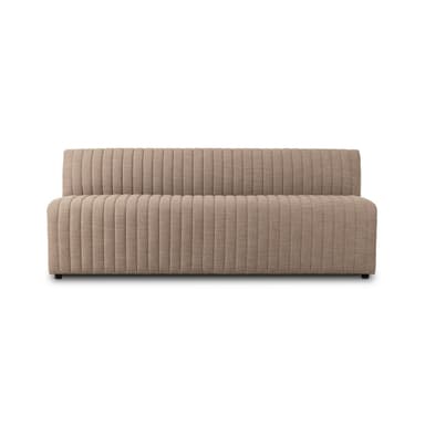 A rectangular upholstered headboard with vertical channel tufting. The headboard has a flat top edge and appears to be designed to attach to a bed frame or wall. It rests on small, dark-colored feet. — 3D model