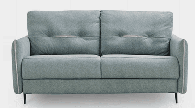 A two-seater sofa with a light grey textured fabric upholstery. The back cushions feature tufting with visible buttons and a subtle pink piping detail along the edges. The seat cushion is plain and segmented by stitching. The sofa has squared arms and is supported by short, dark, angled legs. — 3D model