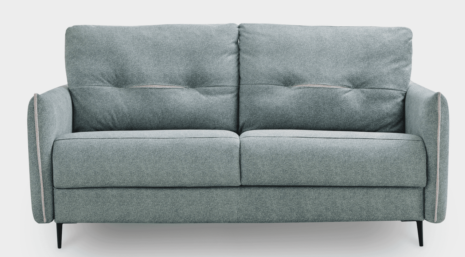 A two-seater sofa with a light grey textured fabric upholstery. The back cushions feature tufting with visible buttons and a subtle pink piping detail along the edges. The seat cushion is plain and segmented by stitching. The sofa has squared arms and is supported by short, dark, angled legs. — 3D model