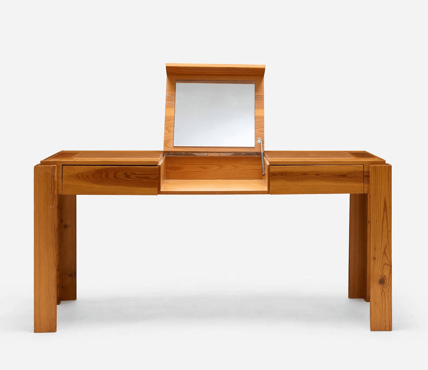A wooden dressing table with a hinged mirror and two drawers. The table has a simple, modern design with clean lines and appears to be made of a light-colored wood. — 3D model