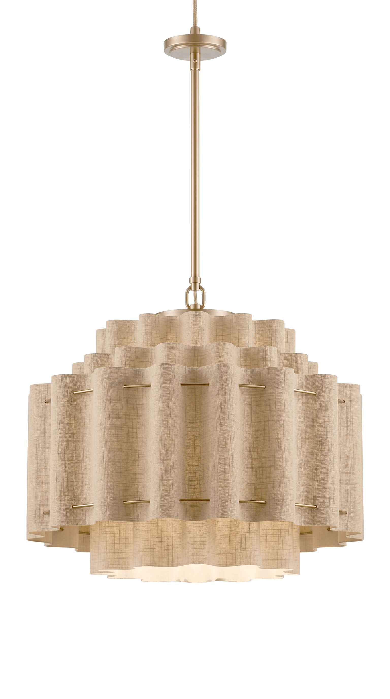 A multi-tiered ceiling light fixture suspended by a rigid metal rod, featuring a series of concentric, scalloped fabric shades in a neutral beige color, illuminated from within. The support structure and suspension hardware are finished in a gold-toned metal, complementing the fabric. — 3D model