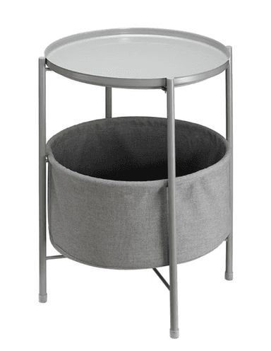 A small, round side table featuring a grey metal frame and a removable grey fabric storage basket positioned beneath a circular, tray-style tabletop. The table stands on four slender metal legs. — 3D model