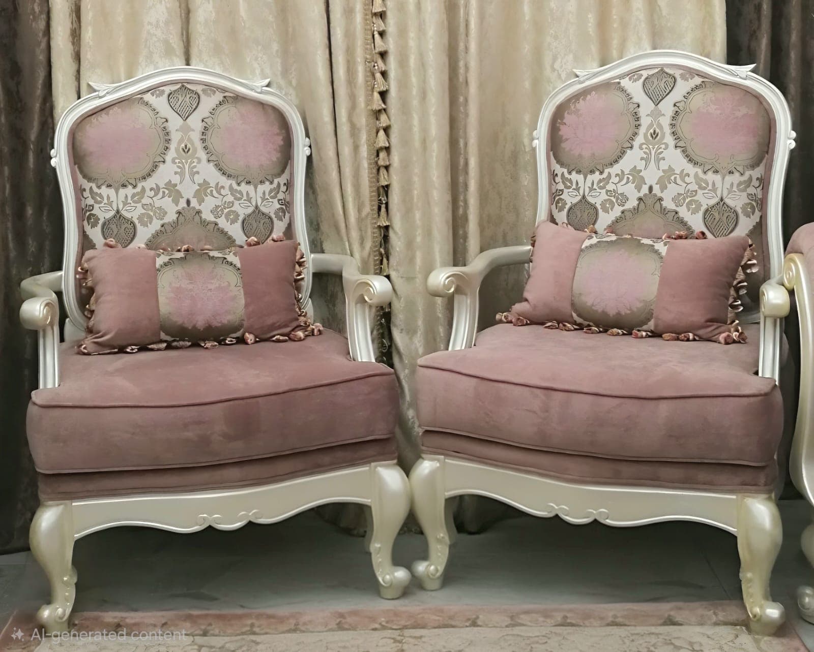 A single upholstered armchair with an ornate carved wooden frame, featuring a high, slightly curved back and padded armrests. The backrest is upholstered in a floral pattern of pink and off-white, while the seat cushion and armrests are solid pink. The frame is finished in a light, possibly cream or silver-gilt tone, with cabriole legs and scrolled details. A small matching bolster pillow with ruffled trim is included. — 3D model