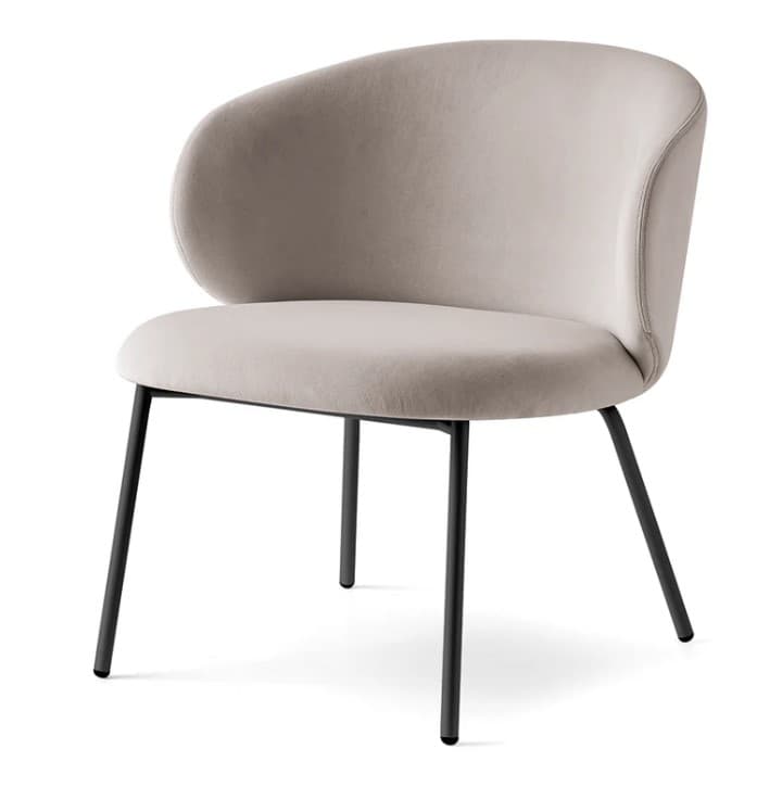 A modern armchair with a gently curved back and seat, upholstered in a light beige fabric. It features slim, dark metal legs that splay outwards slightly. The upholstery shows subtle stitching detail along the edges of the backrest and seat. — 3D model
