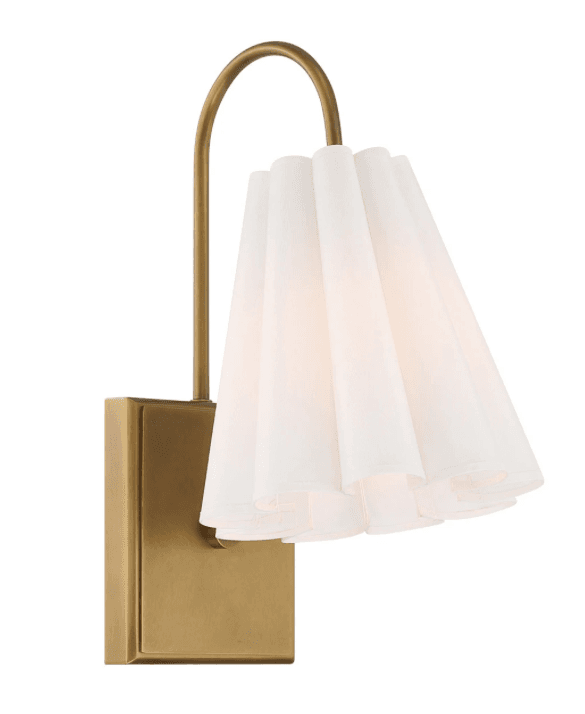 A contemporary wall sconce featuring a rectangular, brushed brass backplate and a gracefully curved brass arm. Suspended from the arm is a conical shade crafted from white pleated fabric, which gently diffuses the light to create a soft, ambient glow. The design blends classic textile textures with modern metallic elements. — 3D model
