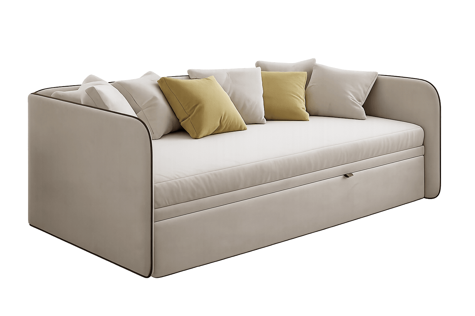 A contemporary upholstered daybed, featuring a clean, minimalist design with rounded side panels. The main mattress is light beige, complemented by various throw pillows in matching beige and contrasting yellow. A distinctive feature is the integrated pull-out trundle mechanism or storage drawer beneath the main seating surface, indicated by a small pull tab. The entire structure is covered in a smooth fabric, accented with dark piping along the edges of the side panels and base. — 3D model