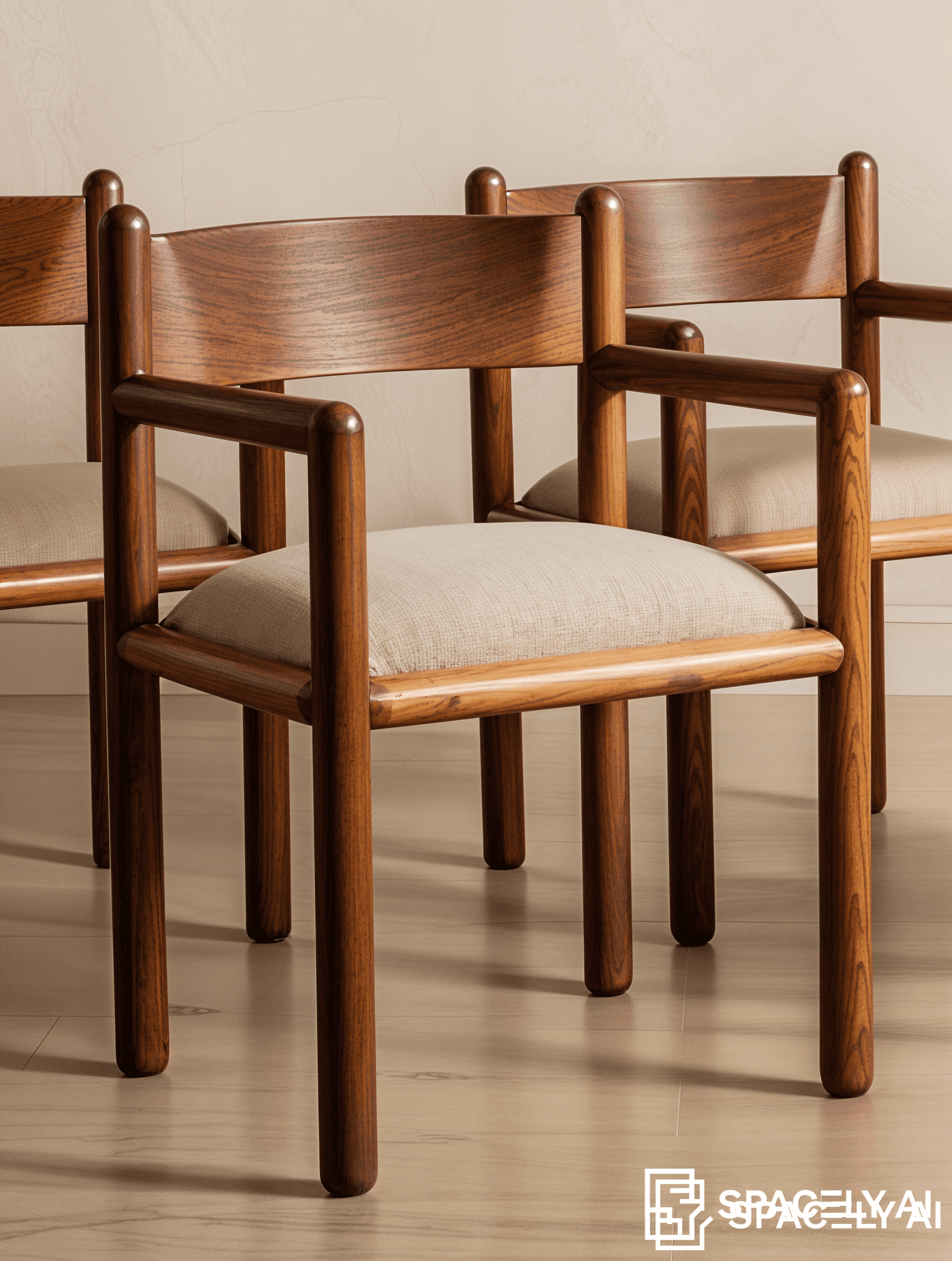 A wooden armchair with a curved backrest and upholstered seat. The chair features four cylindrical legs, rounded armrests, and a frame constructed from dark wood, possibly walnut or teak. The seat cushion is covered in a light-colored, textured fabric. — 3D model
