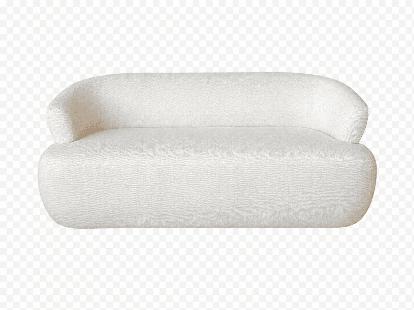 A cream-colored, two-seater sofa with a rounded, contemporary design. The sofa features a continuous, curved backrest that extends into low armrests. The upholstery appears to be a textured fabric, possibly a boucle or a tightly woven linen blend, with a subtle herringbone pattern visible upon closer inspection. The base of the sofa is also rounded, giving it a soft, inviting appearance. — 3D model
