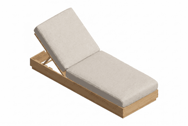 An adjustable chaise lounge featuring a solid wooden frame with a natural finish and thick, segmented cushions upholstered in a light beige, textured fabric. The backrest is adjustable via a visible mechanism. The design is contemporary and minimalist, suggesting outdoor use. — 3D model