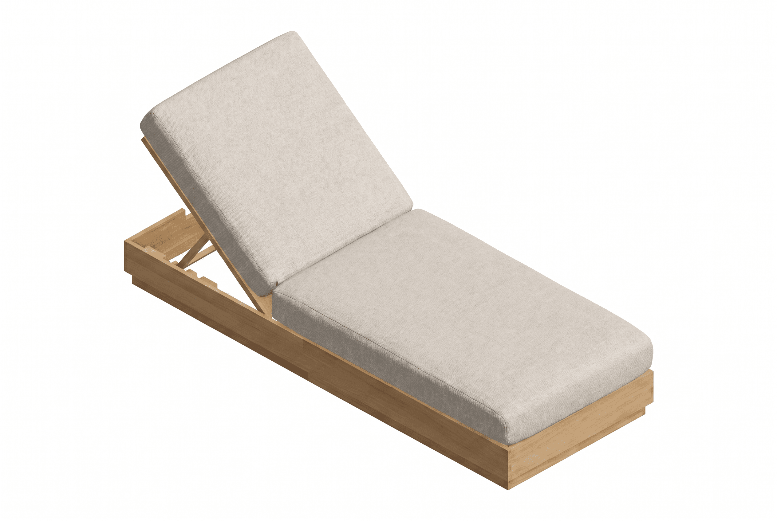 An adjustable chaise lounge featuring a solid wooden frame with a natural finish and thick, segmented cushions upholstered in a light beige, textured fabric. The backrest is adjustable via a visible mechanism. The design is contemporary and minimalist, suggesting outdoor use. — 3D model