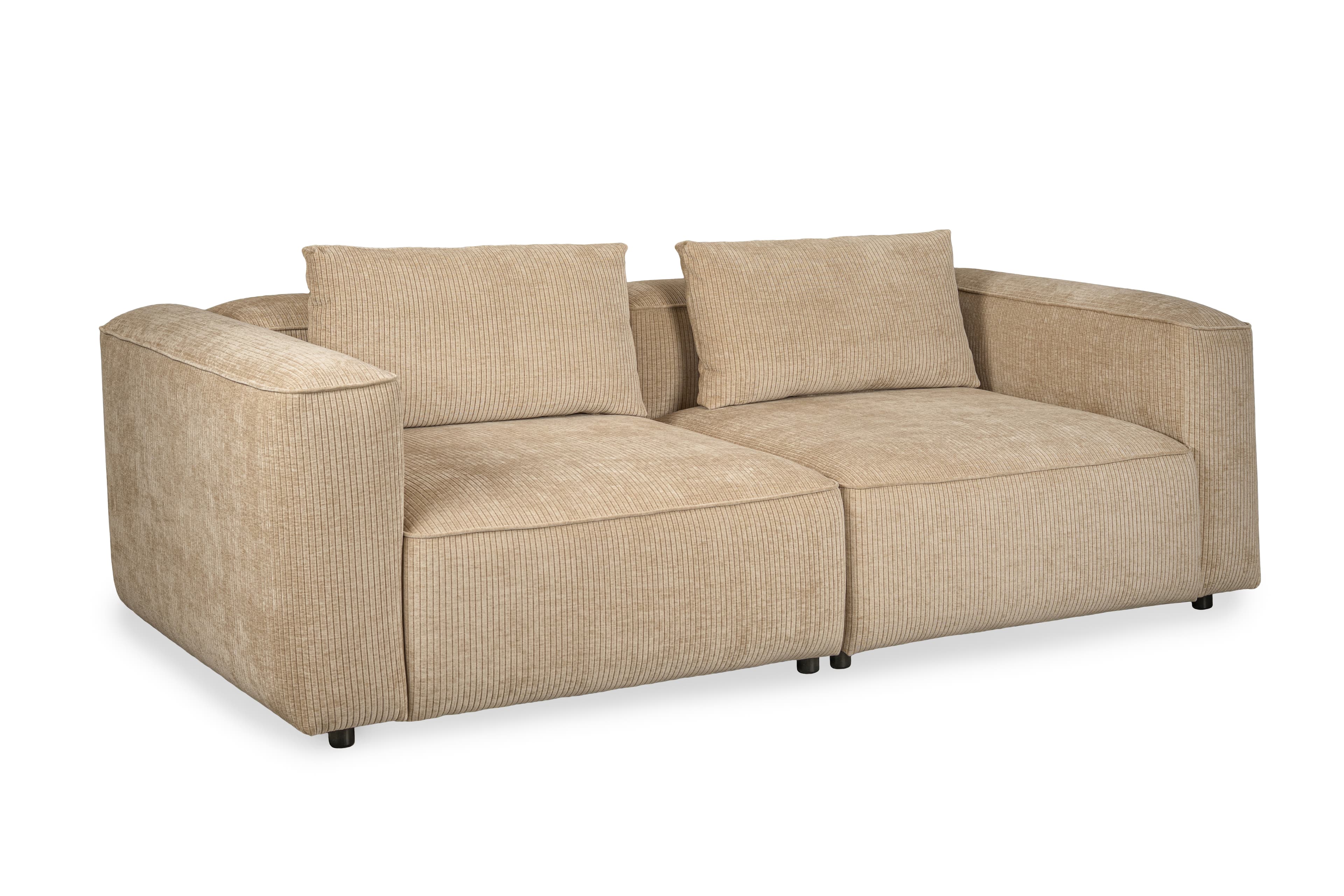 A two-seater sofa with a corduroy-like textured fabric upholstery. The sofa features blocky arms and a low profile. It is presented with two loose back cushions. The color is a neutral beige or light tan. The sofa is supported by small, dark legs visible at the bottom. — 3D model