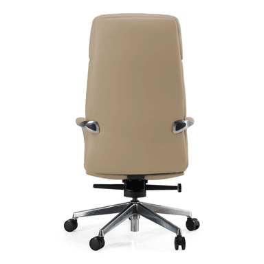 An executive high-back office chair upholstered in beige leather with polished metal accents. It features a padded headrest, ergonomic armrests, and a five-star base with casters for mobility. The chair includes a swivel mechanism and appears to have height adjustment capabilities. — 3D model