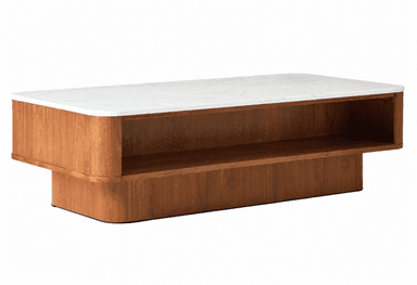A rectangular coffee table featuring a polished white marble top with gently rounded corners. The base is constructed from a dark, warm-toned wood, exhibiting a visible grain and smooth, curved edges throughout. It includes an open, accessible storage shelf beneath the top surface, supported by a solid, low-profile plinth base. — 3D model