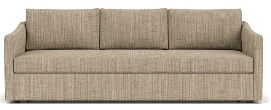 A contemporary three-seater sofa upholstered in a light beige, textured fabric. It features three loose seat cushions and three loose back cushions, along with gently curved, rolled armrests. The sofa has a clean, minimalist silhouette supported by small, dark, recessed feet, contributing to a modern and versatile aesthetic. — 3D model