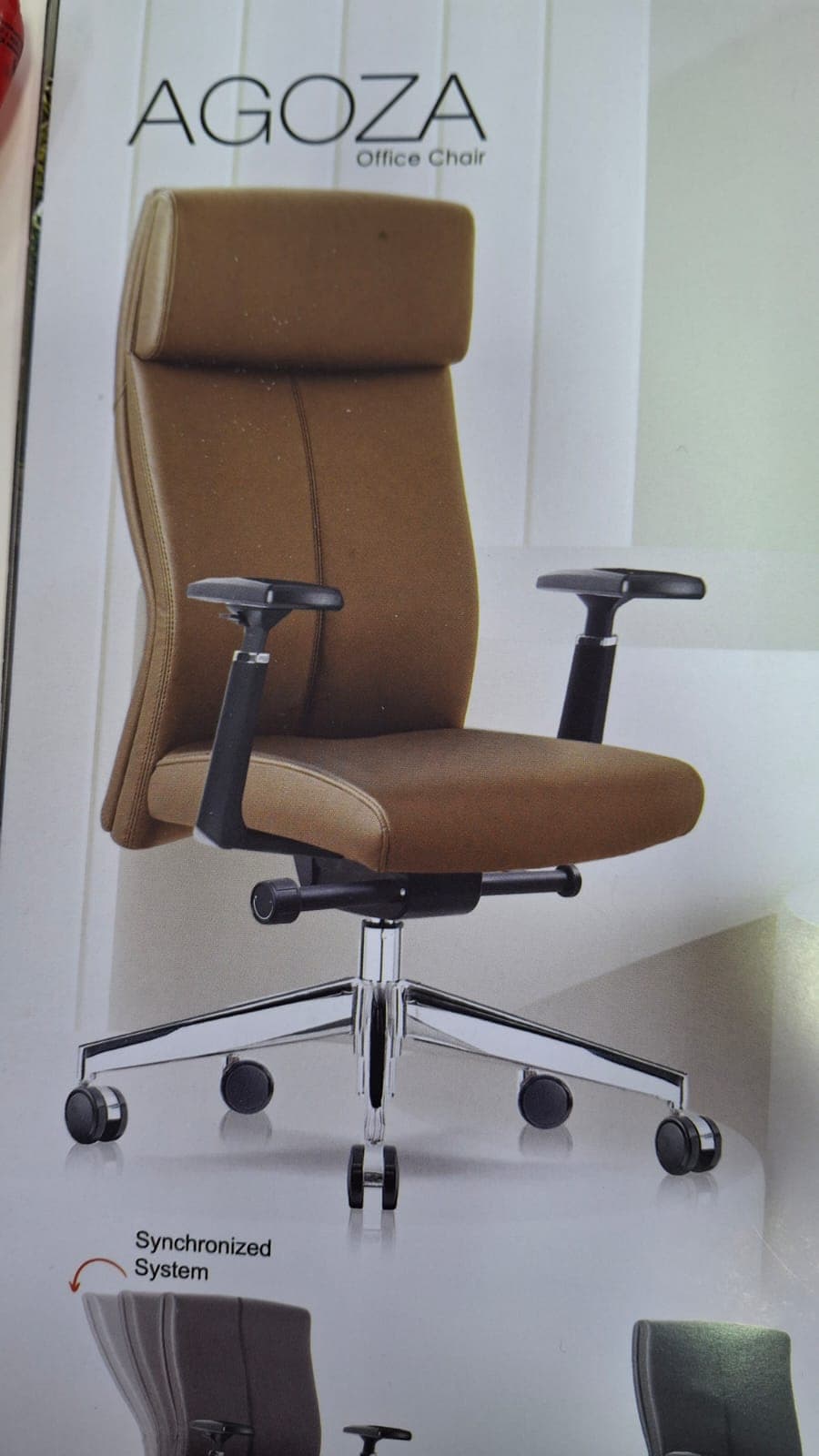 A high-back executive office chair upholstered in brown leather, featuring a padded seat, tall backrest with integrated headrest, and black fixed-height armrests. It sits on a polished chrome five-star swivel base with black rolling casters. — 3D model