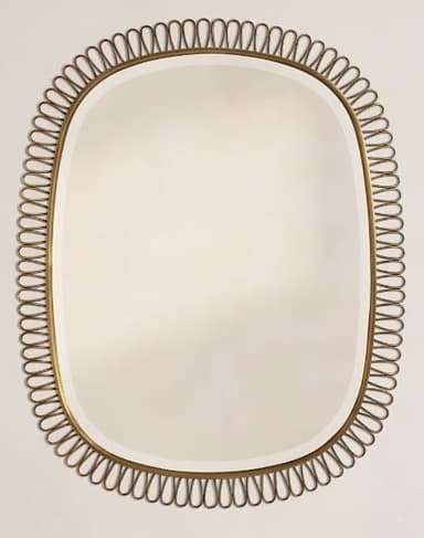 A vintage wall mirror featuring a rounded rectangular glass surface surrounded by a distinctive looped brass or metallic frame. The individual loops form a continuous, decorative border around the main reflective surface, casting subtle shadows on the wall. — 3D model