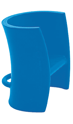 A bright blue, single-piece molded plastic armchair with a distinct, curved form. It features a wide, U-shaped backrest that flows into integrated armrests and a flat seat panel. A small loop handle is present on one side, suggesting portability. The design is contemporary and minimalist, indicative of modern molded furniture. — 3D model