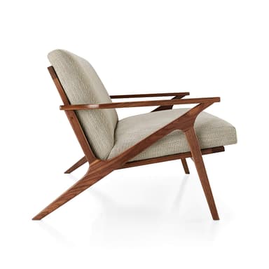 A two-seater loveseat with a visible dark wood frame and light-colored fabric upholstery. The design features clean lines, open armrests, and tapered legs, indicative of a Mid-Century Modern aesthetic. — 3D model