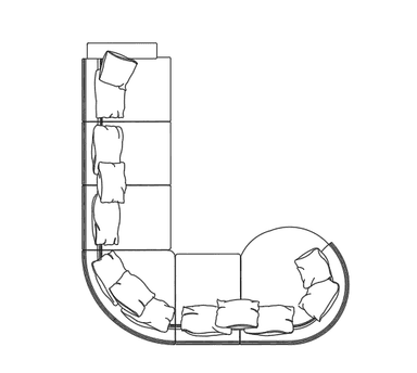 An overhead view of a contemporary modular sectional sofa, configured in an L-shape with both straight and rounded units. The sofa is upholstered in a light grey fabric and features multiple loose seat and back cushions, creating a comfortable and flexible seating arrangement. The design emphasizes modularity and soft, inviting forms. — 3D model