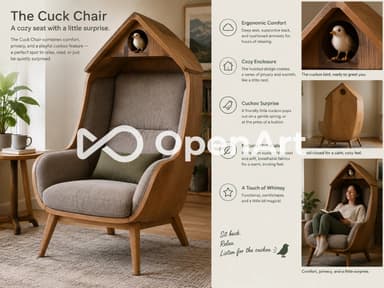 A contemporary lounge chair featuring a distinctive birdhouse-shaped canopy integrated into its tall backrest. The chair has a curved frame made of light-toned oak wood, encompassing a plush, light grey fabric upholstered seat and backrest. It stands on four splayed, tapered wooden legs and includes a small olive green accent pillow. A decorative bird figure is visible within the canopy's circular opening. — 3D model
