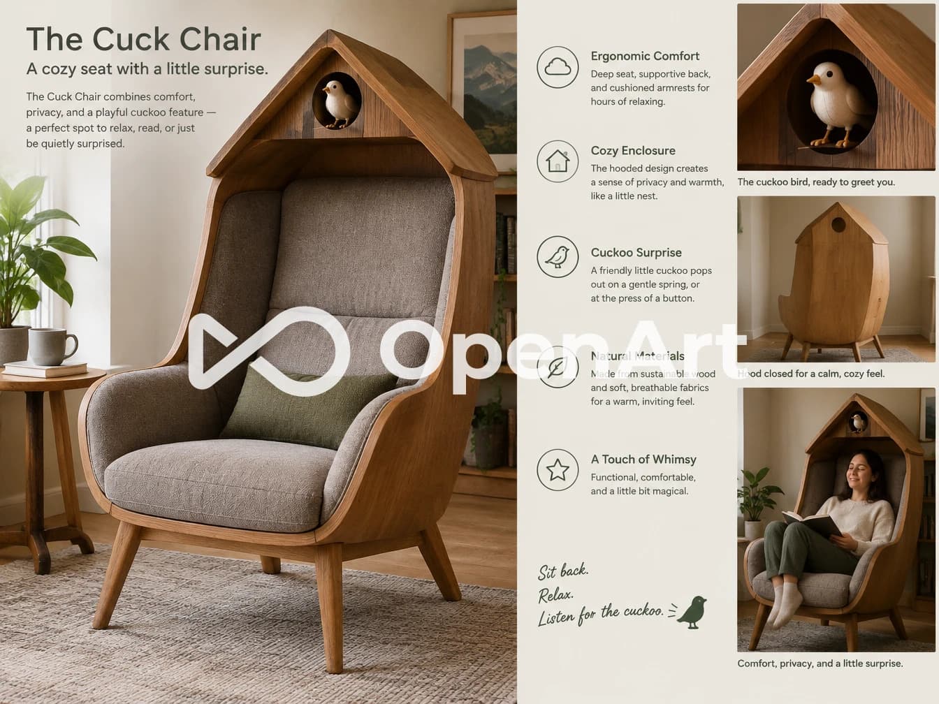 A contemporary lounge chair featuring a distinctive birdhouse-shaped canopy integrated into its tall backrest. The chair has a curved frame made of light-toned oak wood, encompassing a plush, light grey fabric upholstered seat and backrest. It stands on four splayed, tapered wooden legs and includes a small olive green accent pillow. A decorative bird figure is visible within the canopy's circular opening. — 3D model