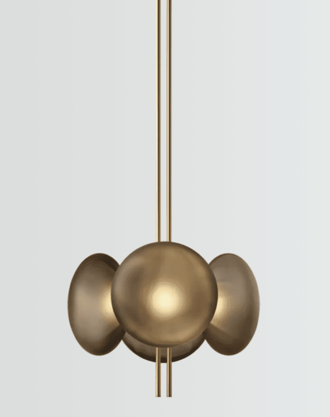 A modern chandelier featuring multiple spherical light diffusers made of smoked glass, suspended by slender vertical brass rods. The spheres are arranged in a cluster at varying heights, emitting a warm, diffused light. — 3D model