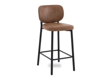 An industrial-style bar stool featuring a distressed brown faux leather upholstered seat and backrest, supported by a matte black metal frame with an integrated footrest. — 3D model