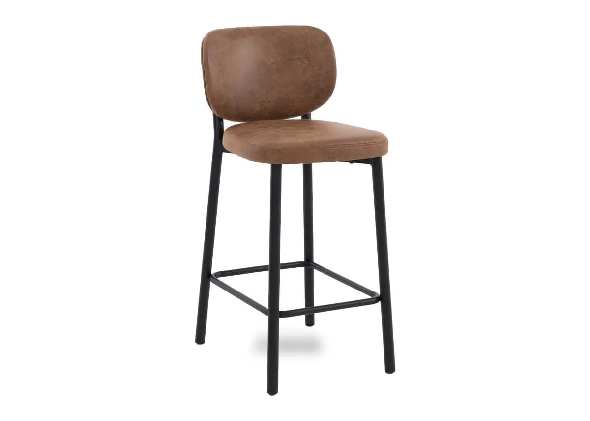An industrial-style bar stool featuring a distressed brown faux leather upholstered seat and backrest, supported by a matte black metal frame with an integrated footrest. — 3D model