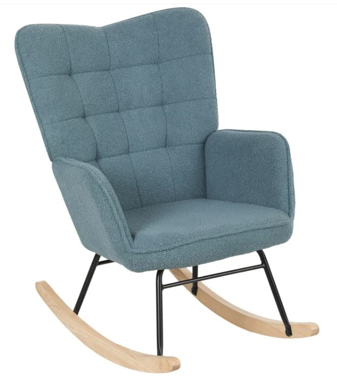 A blue rocking chair with a high back and upholstered arms. The seat and back are tufted with square patterns. The frame consists of black metal legs that connect to curved wooden rockers. — 3D model