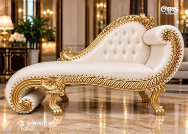 An opulent chaise lounge featuring a highly ornate gold-finished carved wooden frame, white button-tufted upholstery on the backrest, and smooth white upholstery on the seat. It includes a rolled armrest and decorative gold nailhead trim along the edges of the upholstery. — 3D model