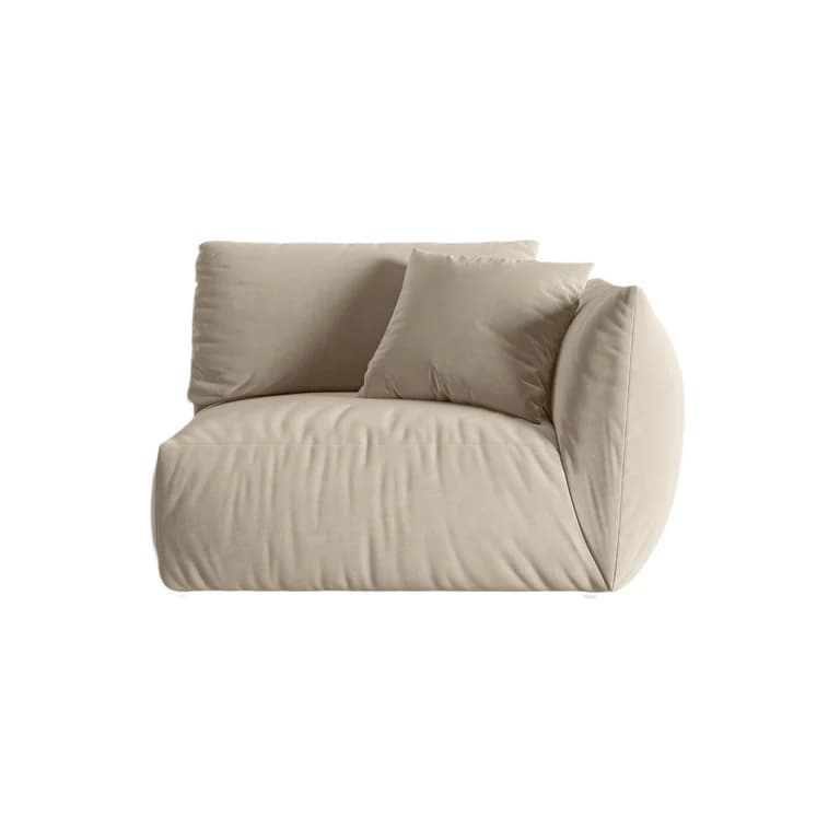 A modern, upholstered armchair with a rounded, integrated armrest on the right side. It features plush, deep seating and a loose back cushion, with an additional throw pillow placed centrally. The overall design is minimalist and comfort-oriented. — 3D model