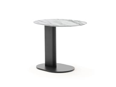 A modern accent table featuring an irregular, organically shaped marble top and a dark-finished, minimalist pedestal base with an oval foot. — 3D model